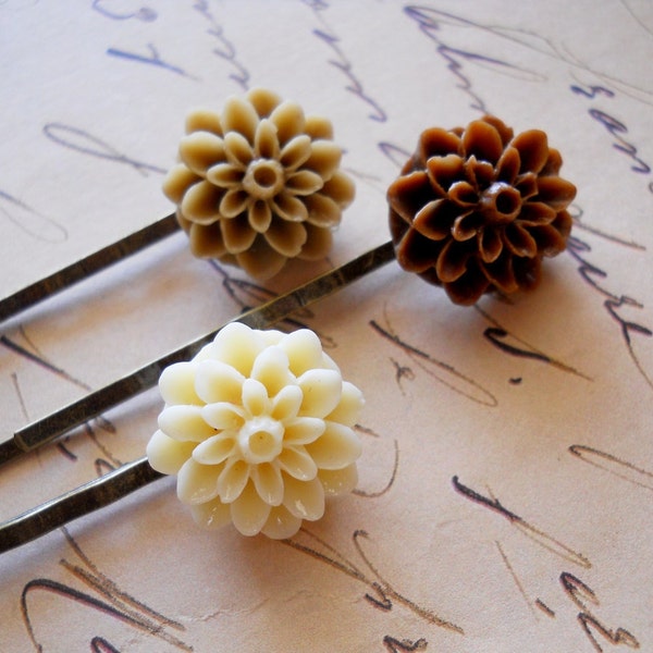 Cafe au Lait Hair Pins Dahlias Neutrals Coffee Brown Hair Accessories Set of 3