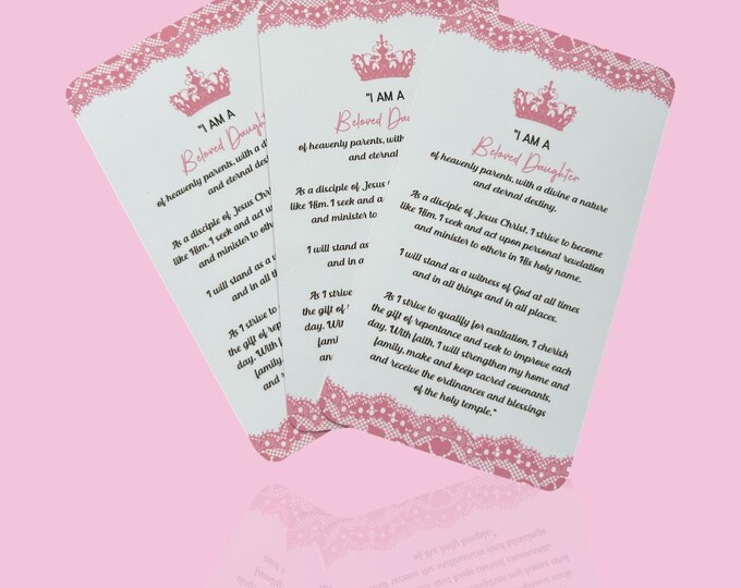 Young Women LDS Handout Card – “I Am a Beloved Daughter” YW Theme Mutual Gift Girls Camp Activity Handout Seminary Scripture Study