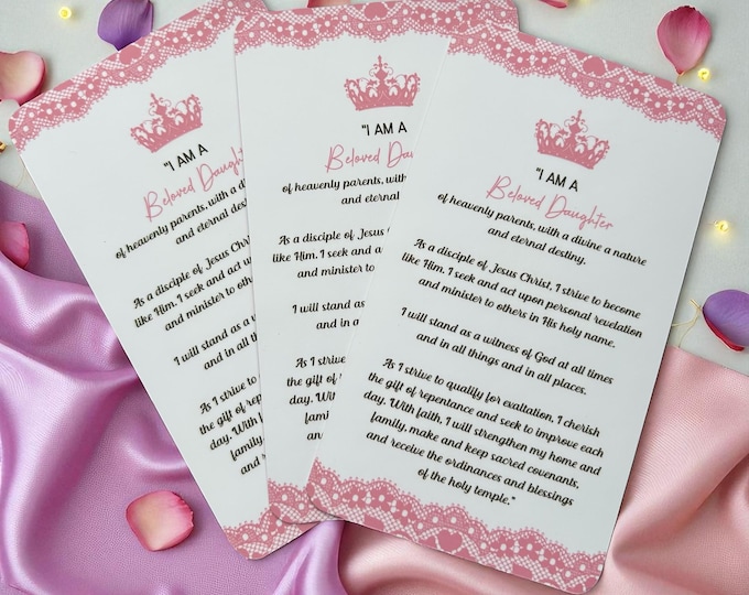 Young Women LDS Handout Card – “I Am a Beloved Daughter” YW Theme Mutual Gift Girls Camp Activity Handout Seminary Scripture Study