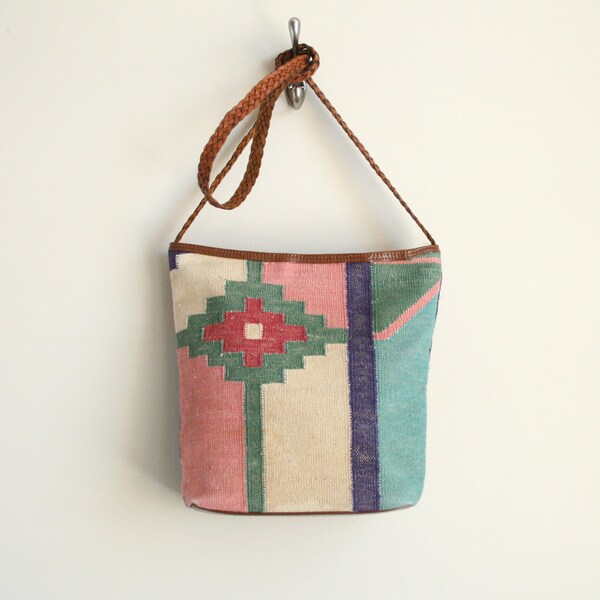 Woven Kilim Bag in Pastel Geometric Navajo Pattern with Braided Leather Strap