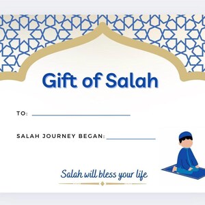 Könnte beinhalten: Eine weiße Geschenkkarte mit blauem und goldenem Design. Der Text "Gift of Salah" ist blau. Eine kleine Illustration einer betenden Person befindet sich unten rechts. Der Text "Salah will bless your life" steht unten.