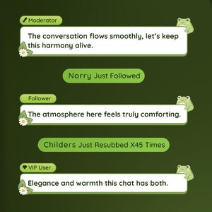 Può includere: Grafica verde che promuove un "FROG CHAT WIDGET" con funzionalità come il controllo del colore e le modifiche del carattere. L'immagine include fumetti con testo e illustrazioni di rane, insieme alle parole "Moderatore", "Follower" e "VIP User".