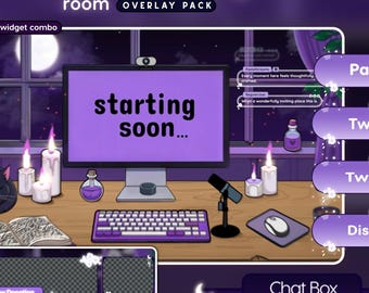 Spooky Night Streaming Room Twitch Overlay Pack | cat overlay | Pastel purple |  Halloween chat widget