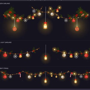May include: Digital stream decorations featuring three styles: Evergreen Garland, Festive Light Garland, and Ornament String. The graphics include pine branches, red berries, glowing lanterns, striped ornaments, stars, and snowflakes on dark backgrounds.