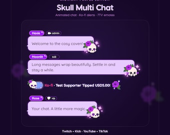 Midnight Purple Skull Chat Widget for Twitch & Kick, Ko-fi Alerts, 7TV Emotes