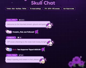 Midnight Purple Skull Chat Widget for Twitch & Kick, Ko-fi Alerts, 7TV Emotes