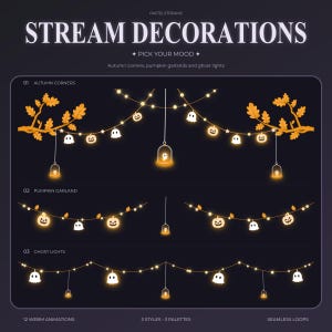 Pode incluir: Decorações digitais para streaming com cantos de outono, guirlandas de abóboras e luzes de fantasmas. O conjunto inclui abóboras laranja brilhantes, figuras de fantasmas brancos e lanternas suspensas. O texto diz STREAM DECORATIONS.
