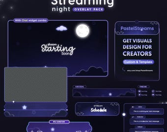 Starry Night Twitch Stream Overlay Pack | Animated Alerts, Chat Widget, Borders
