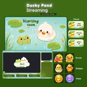 May include: A digital streaming overlay pack titled Ducky Pond Streaming featuring a white duck and green frog in a pond scene. Includes panels labeled Chat Rules, Follow Me, and About Me, plus duck-themed emotes, badges, and circular point icons.