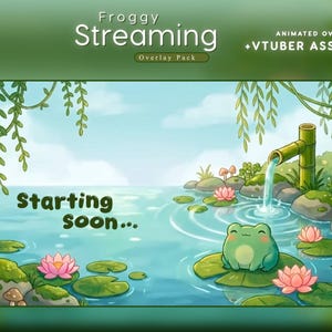 May include: A digital illustration for a streaming overlay pack titled Froggy Streaming, featuring a green frog on a lily pad in a pond with pink lotus flowers, cattails, and a bamboo water fountain. The text Starting soon is displayed.