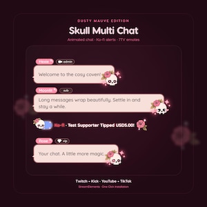 Può includere: Un overlay di chat digitale intitolato Skull Multi Chat in una tonalità malva polveroso. Presenta fumetti rosa chiaro con icone di teschi e rose, che mostrano testi di esempio come Welcome to the cosy coven e Test Supporter Tipped USD5.00.