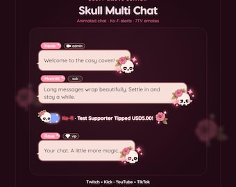 Dusty Mauve Skull Chat Widget for Twitch & Kick, Ko-fi Alerts, 7TV Emotes