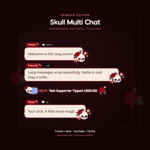 May include: A digital chat overlay titled Crimson Edition Skull Multi Chat featuring dark red and cream speech bubbles decorated with white skulls and red roses. The interface displays usernames like Hexie, Moonlit, and Rose with text.