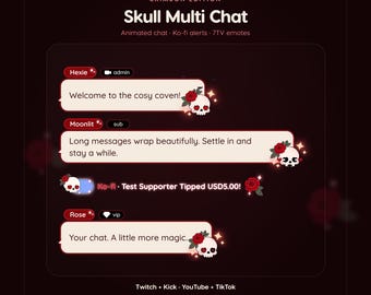 Crimson Gothic Skull Chat Widget for Twitch & Kick, Ko-fi Alerts, 7TV Emotes