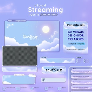 Pode incluir: Um pacote de sobreposição digital para streaming, com um tema de nuvens e céu. O design inclui uma área de exibição principal, um widget de bate-papo e vários widgets de mídia social e doações. O texto inclui "cloud Streaming room OVERLAY PACK" e "Starting soon."