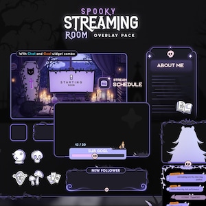 May include: A spooky streaming room overlay pack in purple and black, featuring widgets for chat, goals, and a stream schedule. The design includes a coffin, candles, and a cat, with the text "SPOOKY STREAMING ROOM OVERLAY PACK".