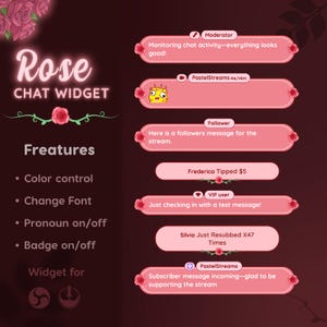 以下が含まれることがあります： 「Rose Chat Widget」のデジタルグラフィック。カラーコントロールや代名詞のオン/オフなどの機能があります。デザインにはピンクのバラと、ユーザー名とメッセージを含むチャットメッセージの例が含まれています。