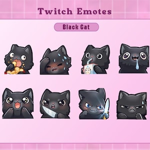 Può includere: Un set di otto emote digitali per Twitch raffiguranti un gatto nero con varie espressioni e azioni, tra cui mangiare, sudare, bere latte, sbavare, sembrare eccitato, tenere un coltello e sembrare arrabbiato, etichettato Twitch Emotes Black Cat.