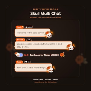 Può includere: Una sovrapposizione di chat digitale intitolata Smoky Pumpkin Edition Skull Multi Chat con caselle di testo arancioni e crema decorate con icone di teschi e rose. Include nomi utente, badge admin, sub, vip e testo di avviso.