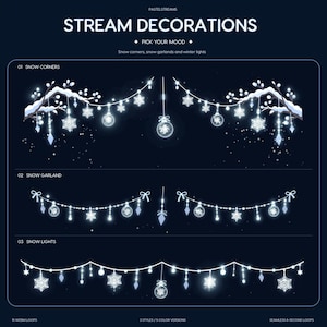 May include: Digital stream decorations featuring snow-themed graphics. The text reads "PASTELSTREAMS", "STREAM DECORATIONS", "PICK YOUR MOOD", "Snow corners, snow garlands and winter lights", "01 SNOW CORNERS", "02 SNOW GARLAND", and "03 SNOW LIGHTS".