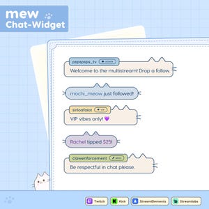 Pastellfärgad kattchattwidget för Twitch eller Kick, StreamElements OBS-överlägg, anpassningsbara aviseringar