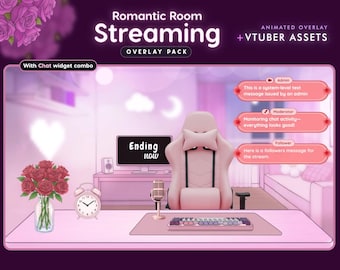 Floral Pink Rose Twitch Stream Overlay Pack | Romantic Gaming Room Package | Animated Screens | OBS