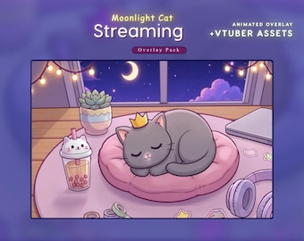 Cozy Cat Twitch Overlay | Dreamy Kawaii Streaming Package for OBS & StreamElements .