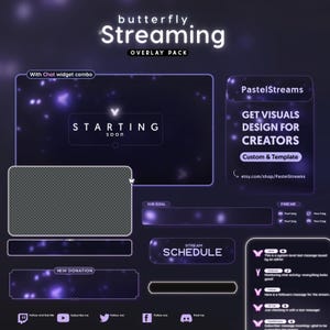 Może przedstawiać: Cyfrowy pakiet nakładek do streamingu, z motywem motyla. Projekt zawiera kombinację widżetów czatu, ekran startowy, harmonogram streamu i alerty darowizn. Schemat kolorów to głównie fiolet i biały.