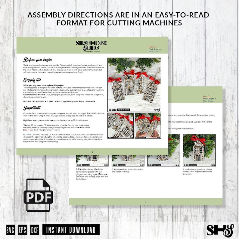 Puede incluir: Instrucciones de montaje para m&aacute;quinas de corte. La imagen muestra un documento PDF con instrucciones e ilustraciones para ensamblar adornos navide&ntilde;os de madera. Los adornos est&aacute;n cortados con l&aacute;ser y presentan dise&ntilde;os intrincados. El documento incluye una lista de suministros y notas importantes.