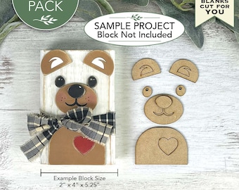 Caras de osito de peluche cortadas con láser / Paquete de 5 láminas de cartón duro para manualidades, listas para pintar