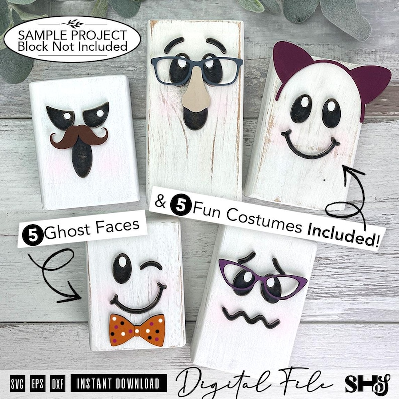 May include: A digital file containing 5 ghost faces and 5 fun costumes for craft projects. The image displays five white rectangular blocks, each featuring different facial expressions, glasses, a mustache, a bow tie, and cat ears.