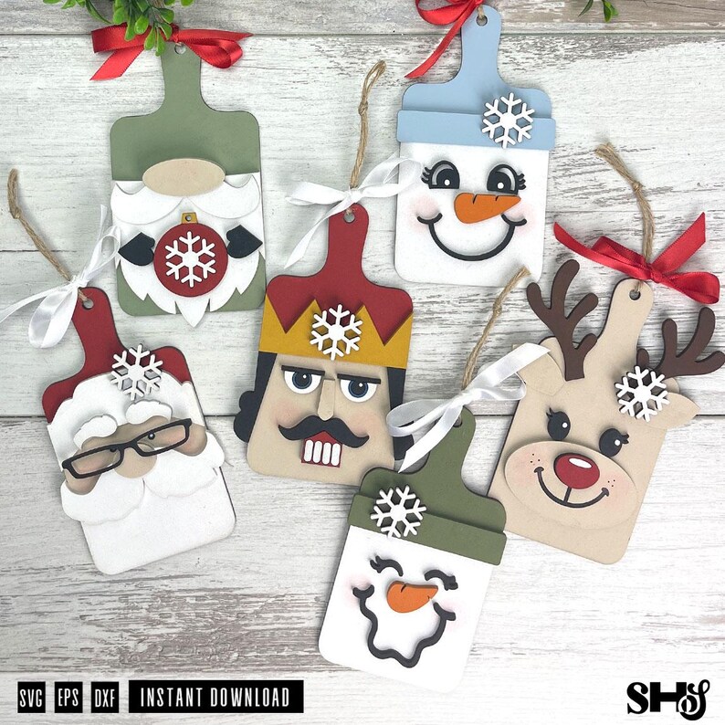 Christmas Faces SVG Cutting Board Ornament Bundle | 6 Xmas Ornament Laser Cut Files image 4