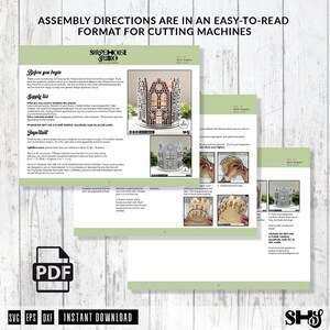May include: A digital PDF document featuring assembly instructions for a laser-cut house project. The pages include text, supply lists, and step-by-step photographs showing the construction of a decorative structure designed for an LED candle.