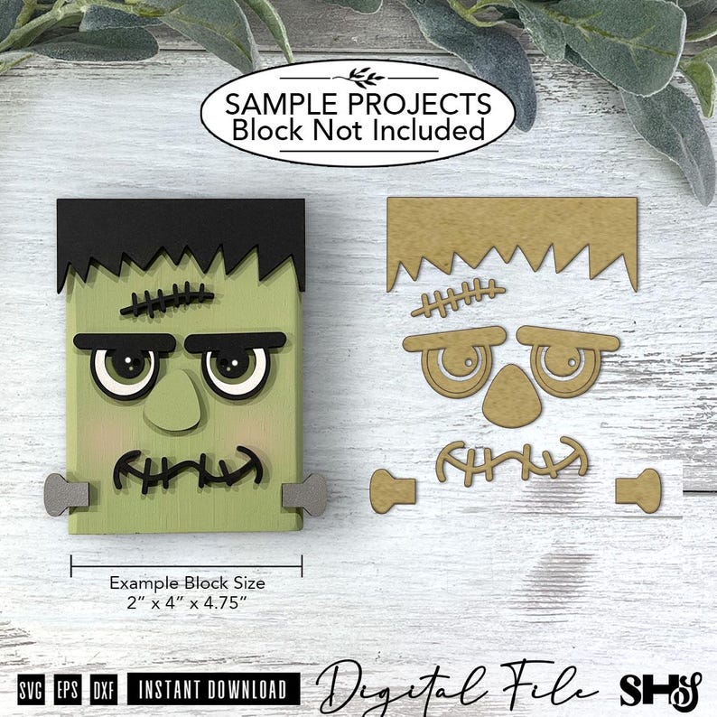 May include: A Frankenstein monster craft project featuring a light green rectangular block with black hair, eyebrows, stitches, and grey bolts. The text reads SAMPLE PROJECTS Block Not Included and Example Block Size 2" x 4" x 4.75".