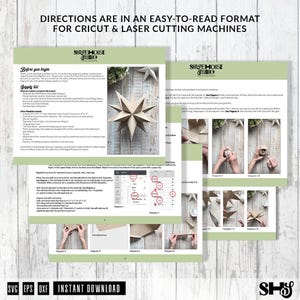 May include: A digital instruction guide for Cricut and laser cutting machines, featuring text, diagrams, and photographs of a multi-pointed paper star. The document includes a supply list, step-by-step assembly instructions, and software setup tips.