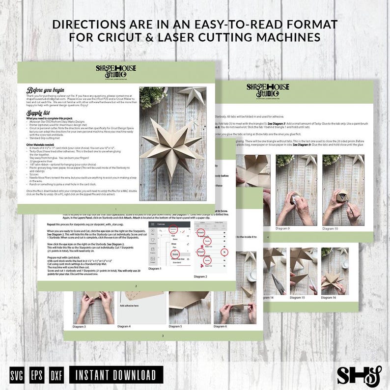 May include: A digital instruction guide for Cricut and laser cutting machines, featuring text, diagrams, and photographs of a multi-pointed paper star. The document includes a supply list, step-by-step assembly instructions, and software setup tips.