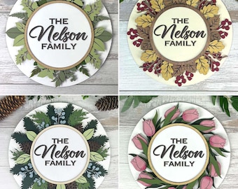 All Seasons Wreath Sign SVG Bundle | 4 Seasonal Layered Round Wreath Designs | Spring Summer Fall Winter Door Sign | Laser Cut SVG Files