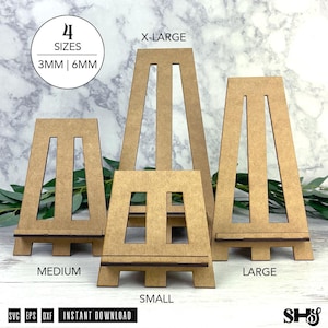 May include: Four wooden easels in varying sizes: X-Large, Large, Medium, and Small. The easels are made of light brown wood and have a simple, rectangular design with a support ledge. Text on the image includes "4 SIZES", "3MM | 6MM", and "INSTANT DOWNLOAD".