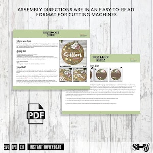 Puede incluir: Un documento digital con instrucciones de montaje para un letrero floral cortado con l&aacute;ser. Las p&aacute;ginas incluyen una lista de materiales, pasos detallados y ejemplos visuales de un letrero circular de madera con el nombre Sutton Grace.