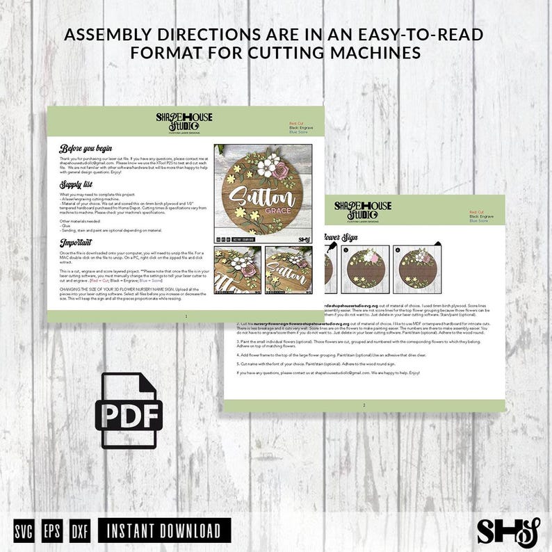 Puede incluir: Un documento digital con instrucciones de montaje para un letrero floral cortado con l&aacute;ser. Las p&aacute;ginas incluyen una lista de materiales, pasos detallados y ejemplos visuales de un letrero circular de madera con el nombre Sutton Grace.