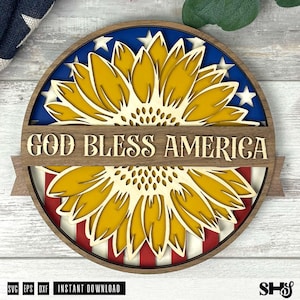 Girassol God Bless America cortado a laser SVG | Placa patriótica | Memorial Day | 4 de julho | EUA | Enfeite de porta vermelho, branco e azul | SVG eps, dxf