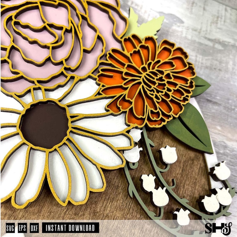 May include: A wooden floral design with a pink rose, a white daisy, an orange flower, and white lily of the valley flowers. The design is on a brown wooden background. The text "Instant Download" is at the bottom of the image.