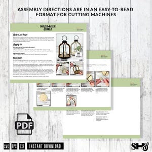 May include: A digital assembly instruction document for a laser-cut lantern project. The pages feature text, supply lists, and step-by-step photographic guides for assembly. The document includes the Shapehouse Studio logo and PDF icon.