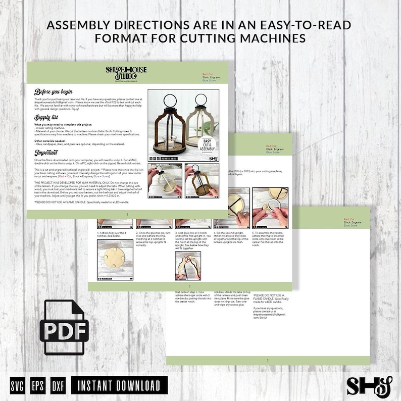 May include: A digital assembly instruction document for a laser-cut lantern project. The pages feature text, supply lists, and step-by-step photographic guides for assembly. The document includes the Shapehouse Studio logo and PDF icon.