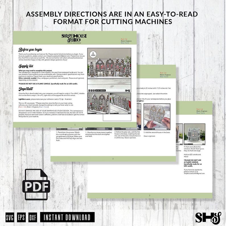 May include: A digital PDF document titled Assembly Directions for Cutting Machines by Shapehouse Studio. The pages feature text instructions, supply lists, and photographs showing the assembly of a miniature gingerbread house centerpiece.