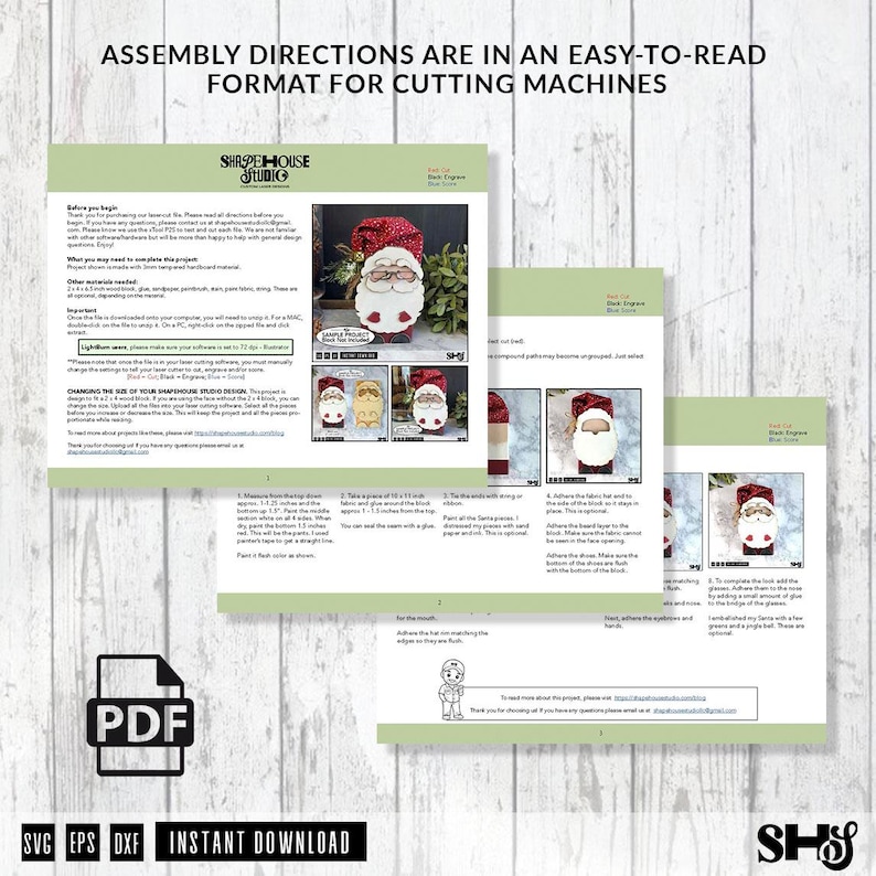 May include: A digital PDF document titled Assembly Directions for Cutting Machines, featuring text instructions and photographs of a Santa Claus craft project. The document includes sections on materials, software settings, and step-by-step assembly.