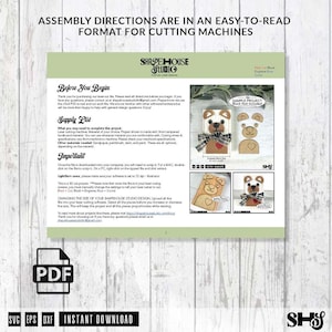 May include: A digital instruction sheet for a laser cutting project featuring a bear-shaped block. The document includes a supply list, assembly directions, and visual examples of the finished bear craft with a plaid ribbon and heart detail.