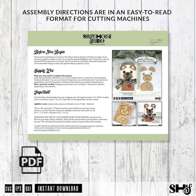 May include: A digital instruction sheet for a laser cutting project featuring a bear-shaped block. The document includes a supply list, assembly directions, and visual examples of the finished bear craft with a plaid ribbon and heart detail.