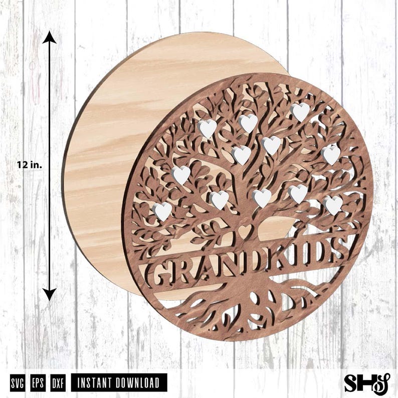 May include: A circular wooden wall art piece featuring a laser-cut tree design with the word GRANDKIDS and multiple small white heart-shaped cutouts integrated into the branches. A vertical arrow indicates a height of 12 inches for the item.
