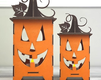 Jack-O-Lantern-Pumpkin Faces Lantern Laser Cut File SVG | Halloween Lantern Laser Cut File | 2 Sizes | 4 Pumpkin Faces  | SVG, eps, dxf